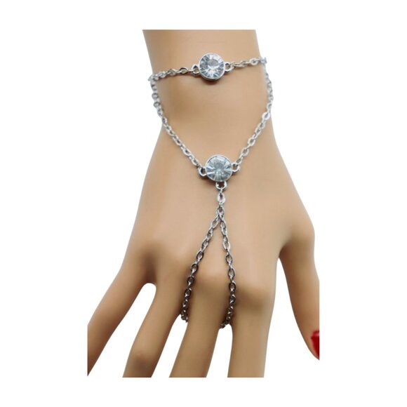 New Women Silver Metal Hand Chain Fashion Bracelet Connected Ring 2 Bling Beads - Picture 15 of 17